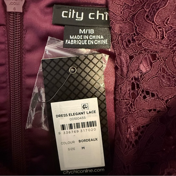 City Chic NWT Elegant Lace Midi Dress Bordeaux Long Sleeve Draped Skirt -Size 18 - Picture 10 of 11